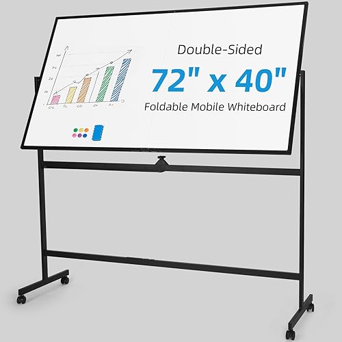 VOWNER Pizarra blanca magnética de doble cara, 72 x 40 pulgadas, pizarra móvil grande de borrado en seco, pizarra blanca reversible con marco y