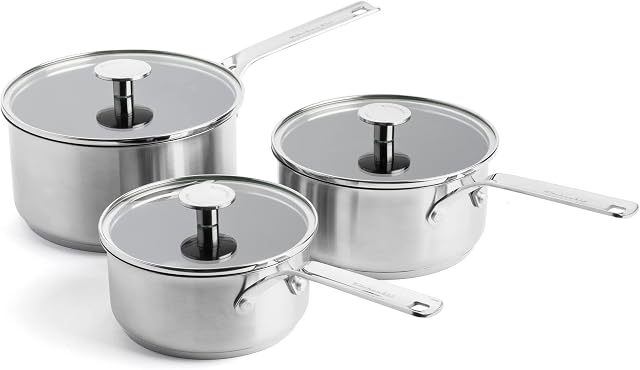 KitchenAid Zestaw garnków ze stali nierdzewnej, garnek do gotowania indukcyjnego z pokrywką i uchwytem, nadaje się do piekarników i mycia w zmywarce, 16/18/20 cm