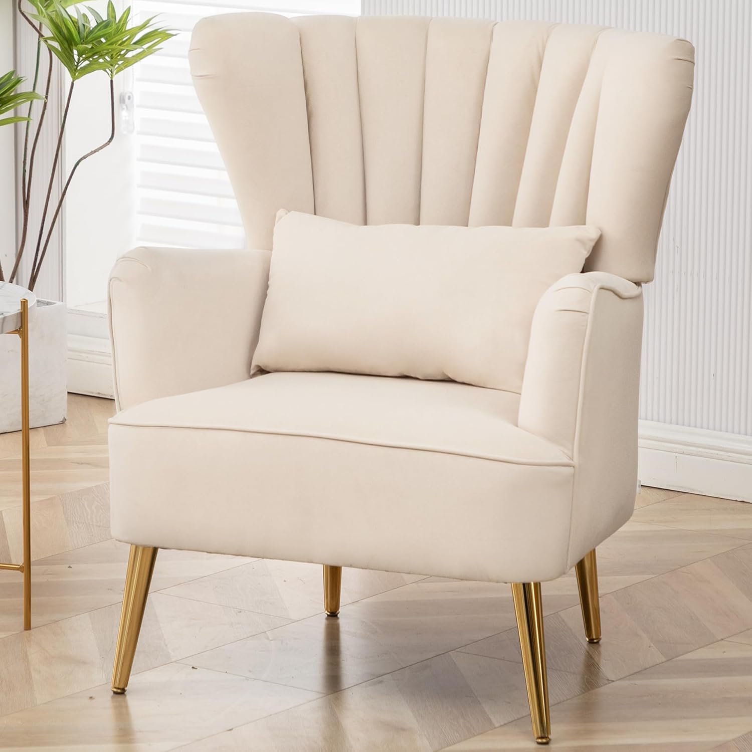 The Sofa Studio - Velvet Wingback Armchair, Modern High Back Living Room Chair with Pillow, in Golden Metal Legs Chair for Living Room, Bedroom, Offices (Beige, Single Chair)-image-15