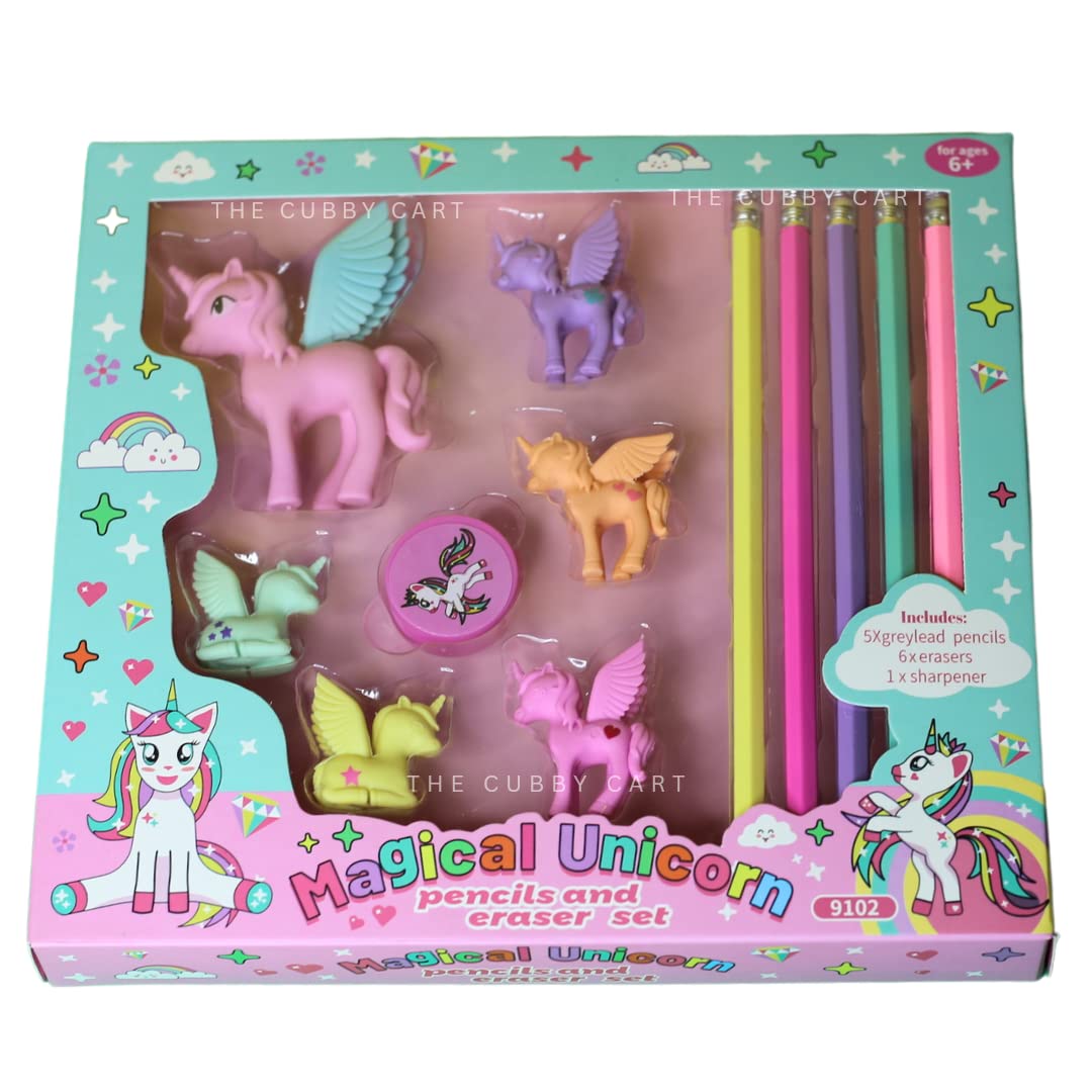 THE CUBBY CART Unicorn Themed Stationery Set for School Essentials, (Pack of 12 Items - 5 Pencils with Eraser Top, 6 Unicorn Erasers and 1 Unicorn Sharpner) (Unicorn)