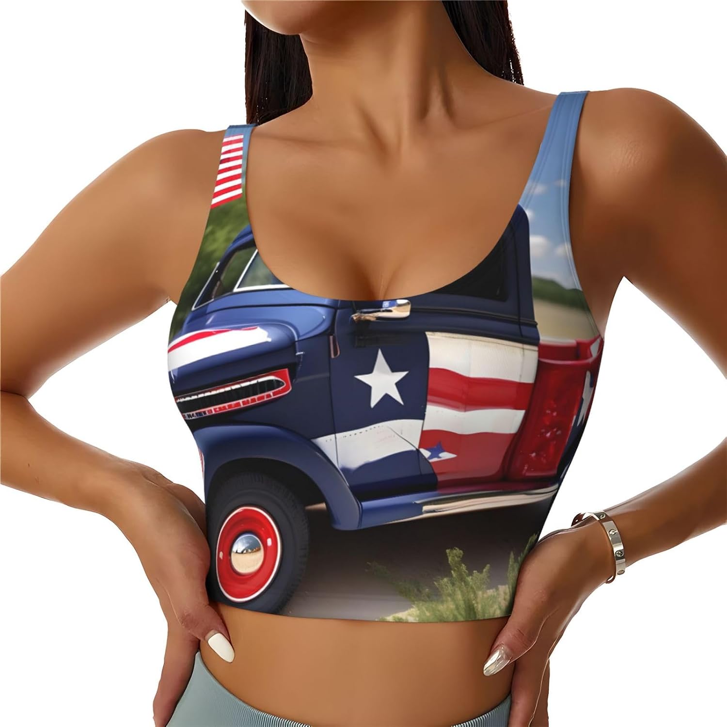 4th of July Patriotic Trucks Print Women's Strappy Sports Bra, Stretch Gym Bras U Neck Yoga Tops, Comfort Seamless Bra