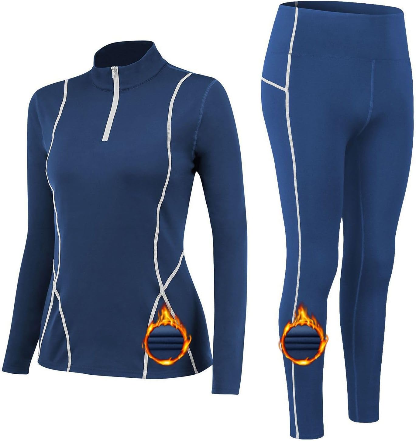 Hotfiary Women's Thermal Underwear Set Fleece Lined Quarter Zip Pullover Shirt and Winter Warm Leggings Pants Yoga Running