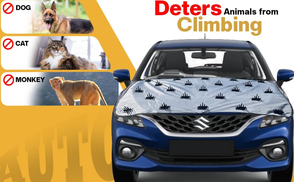 Image of Waterproof Spike Bonnet Car Cover for Skoda Slavia Dogs & Monkeys Complete Protection from Street Dogs & Monkeys Compatible with All Hatchback,Sedan and SUV Cars Universal Size, Grey