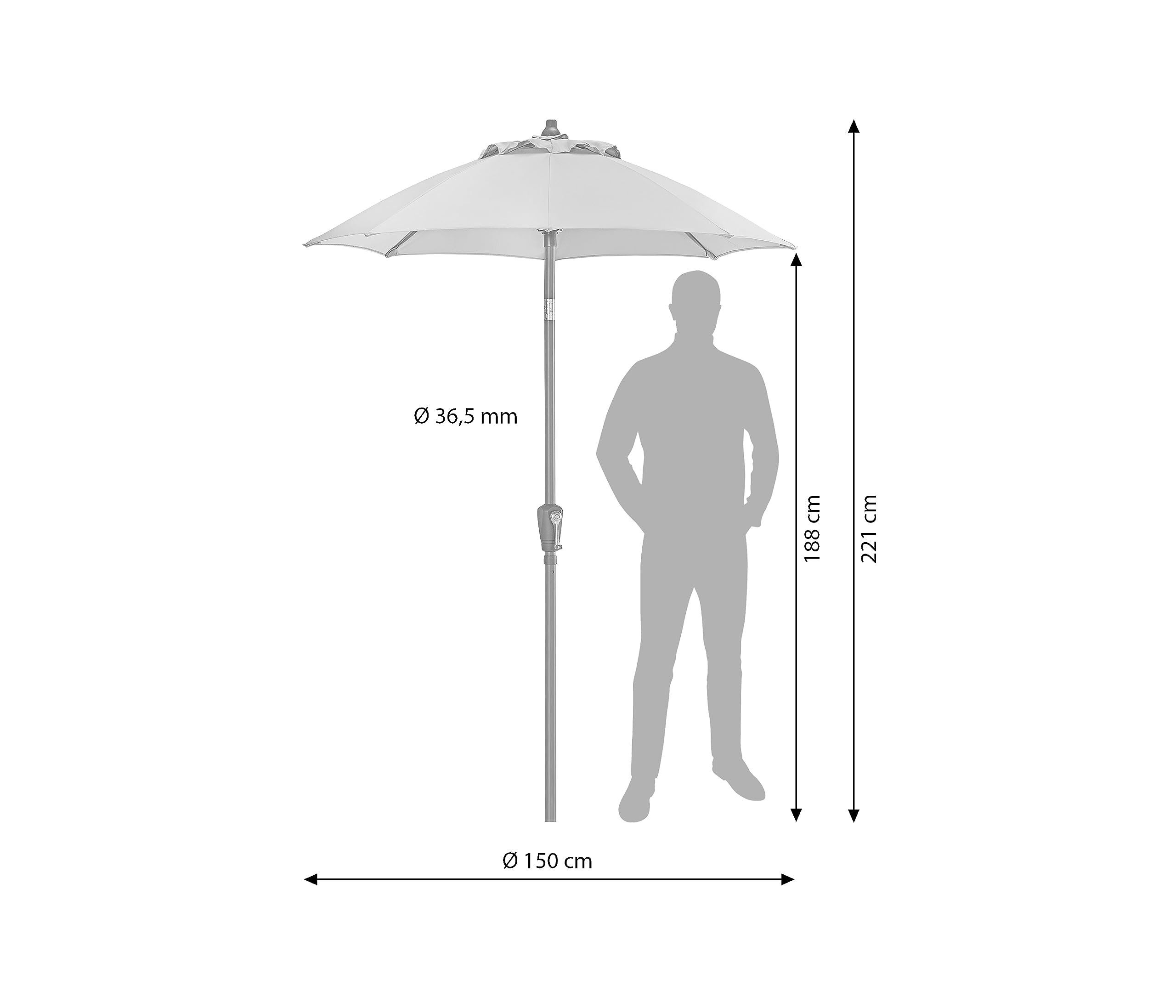 Dehner Vido parasol przeciwsłoneczny, Ø 150 cm, wysokość 221 cm, aluminium/poliester, jasnoszary