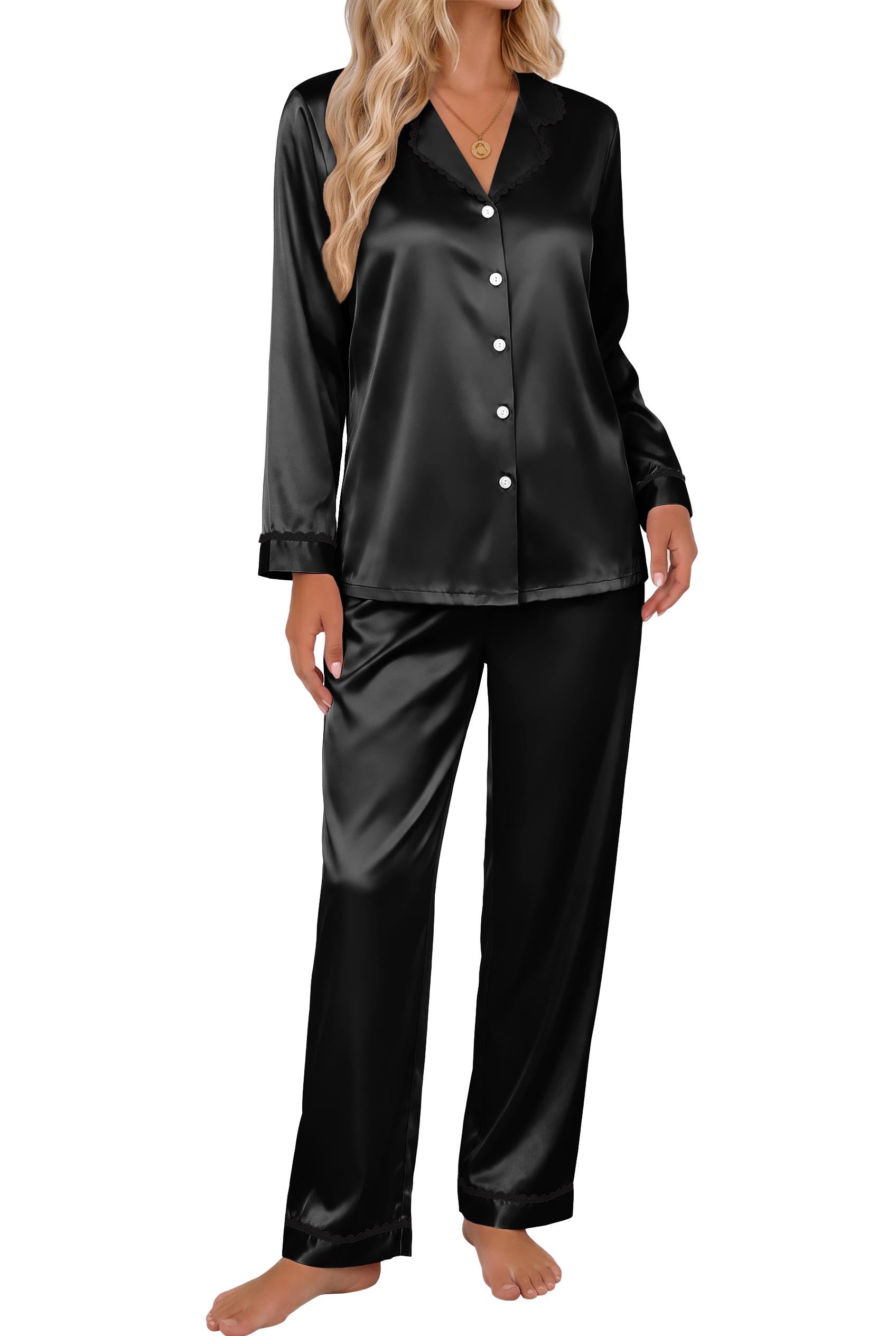 Ekouaer Satin Pajamas for Women Set 2 Piece Silk Pjs Long Sleeve Lounge Set
