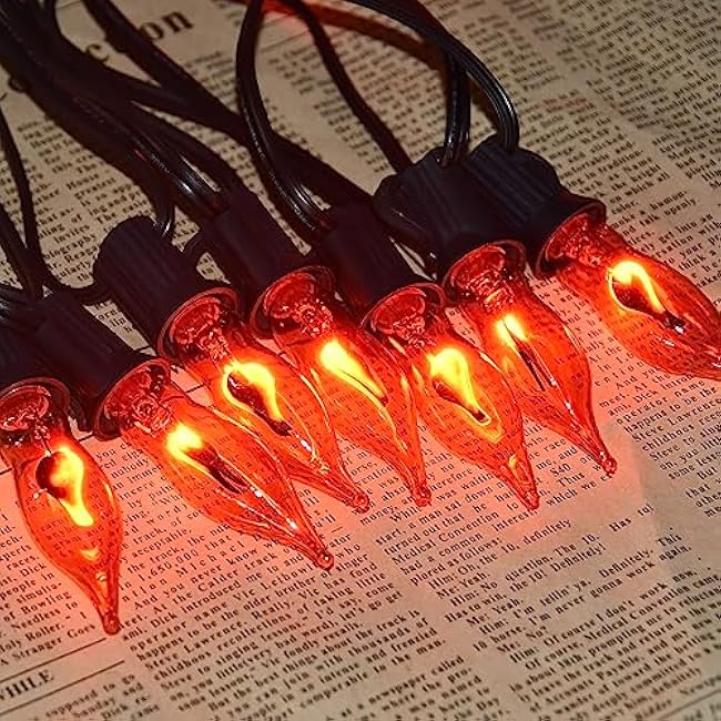 27.8Ft Fall Halloween Lights - Flickering Flame String Lights Orange Flickering String Lights with 25 Pack Orange Flame Light Bulbs for Fall Halloween Decorations Indoor Outdoor Home Party Mantel