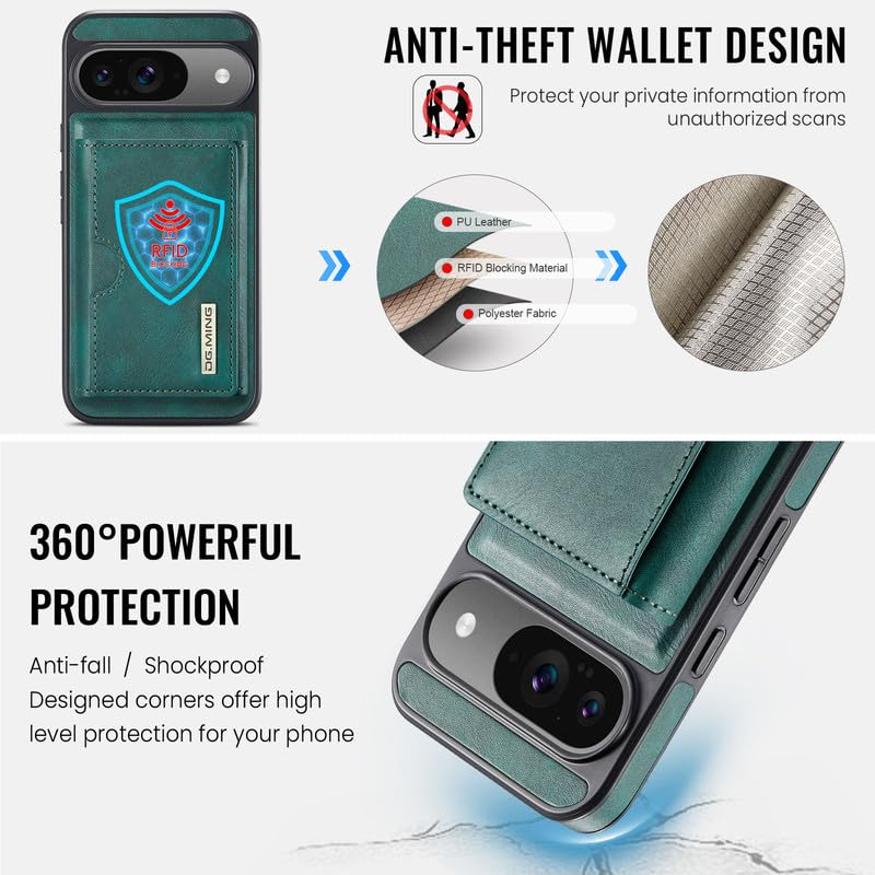 Étui en cuir Google Pixel 9 anti-piratage RFID avec coque aimantée amovible verte - 3