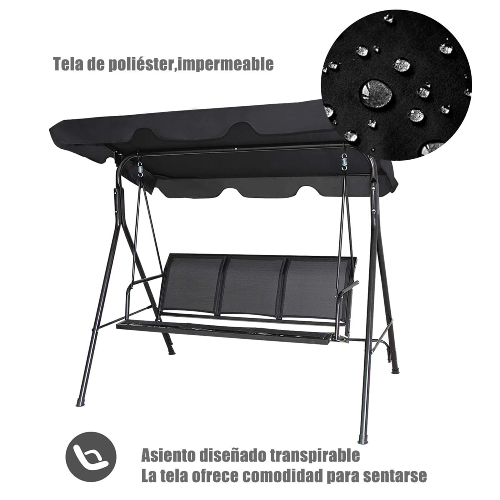 COSTWAY Columpio Jardin Exterior de 3 Plazas, Balancín con Toldo Adultos de Metal y Poliéster, Columpios de Porche con Parasol Ajustable para Exterior, 170 x 110 x 155 cm, Carga 210 kg, (Negro)