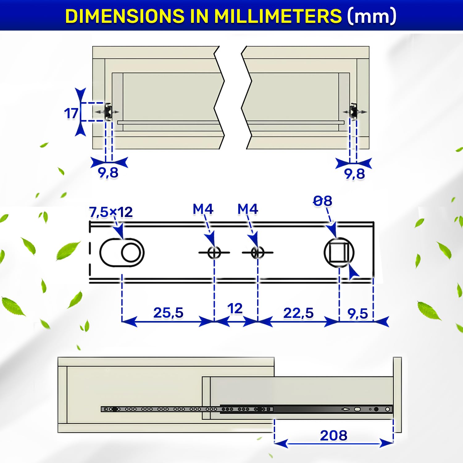 1 Pair Ball Bearing Drawer Runners 310 mm x H 17 mm, Telescopic Draw Runners Replacement Have a Partial Extension of 208 mm - Image 3