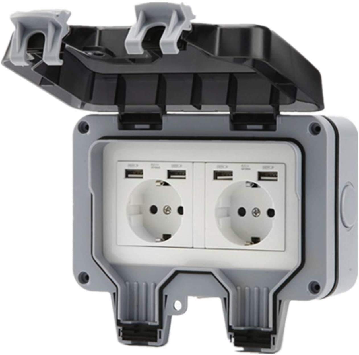 Toma de Corriente Exterior IP66 Conector USB con Doble Interruptor para Pared Enchufe con Tapa Abatible para Jardines al Aire Libre y Garajes (Doble)