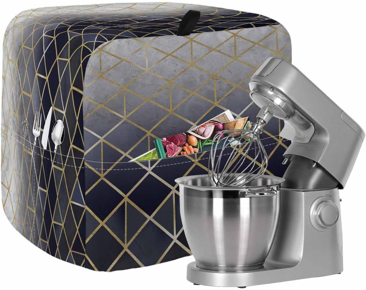 Blue Geometric Stand Mixer Cover with Storage Pocket, Waterproof Kitchen Mixer Covers, Modern Abstract Gradient Marble Kitchen Appliance Dust Cover Compatible with 4/4.5 Quart Mixers