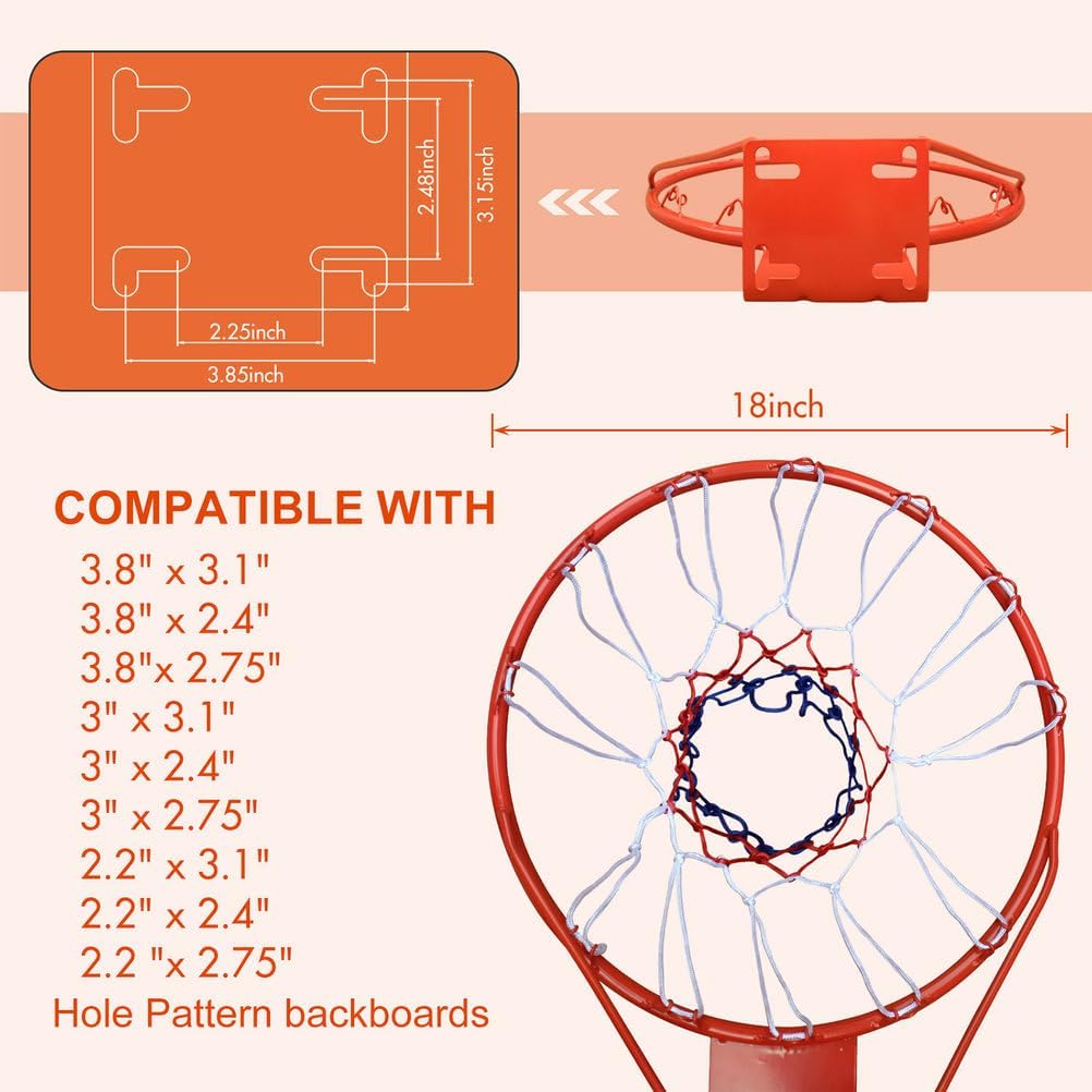 18" Basketball Rim Replacement with Net, Heavy Duty Steel Basketball Hoop Rim, Regulation Size Wall Mount Basketball Goal for Indoor Outdoor Backyard Driveway Court
