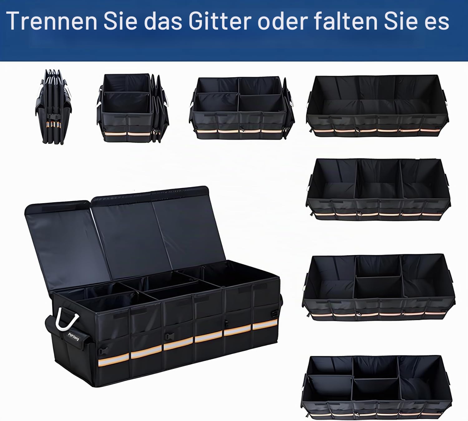 Faltbarer XXL Kofferraum Organizer 90cm – Auto Aufbewahrungsbox mit Verstärkten Aluminiumgriffen, Rutschfestem Boden & Mehreren Taschen – Kofferraumtasche für Auto, SUV & Van