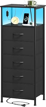 Somdot Tall Chest of Drawers for Bedroom with Charging Station and LED Light, 5 Drawers Storage Unit with 2 Outlets and 2 USB Ports for Kids Dorm Living Room Closet, Black
