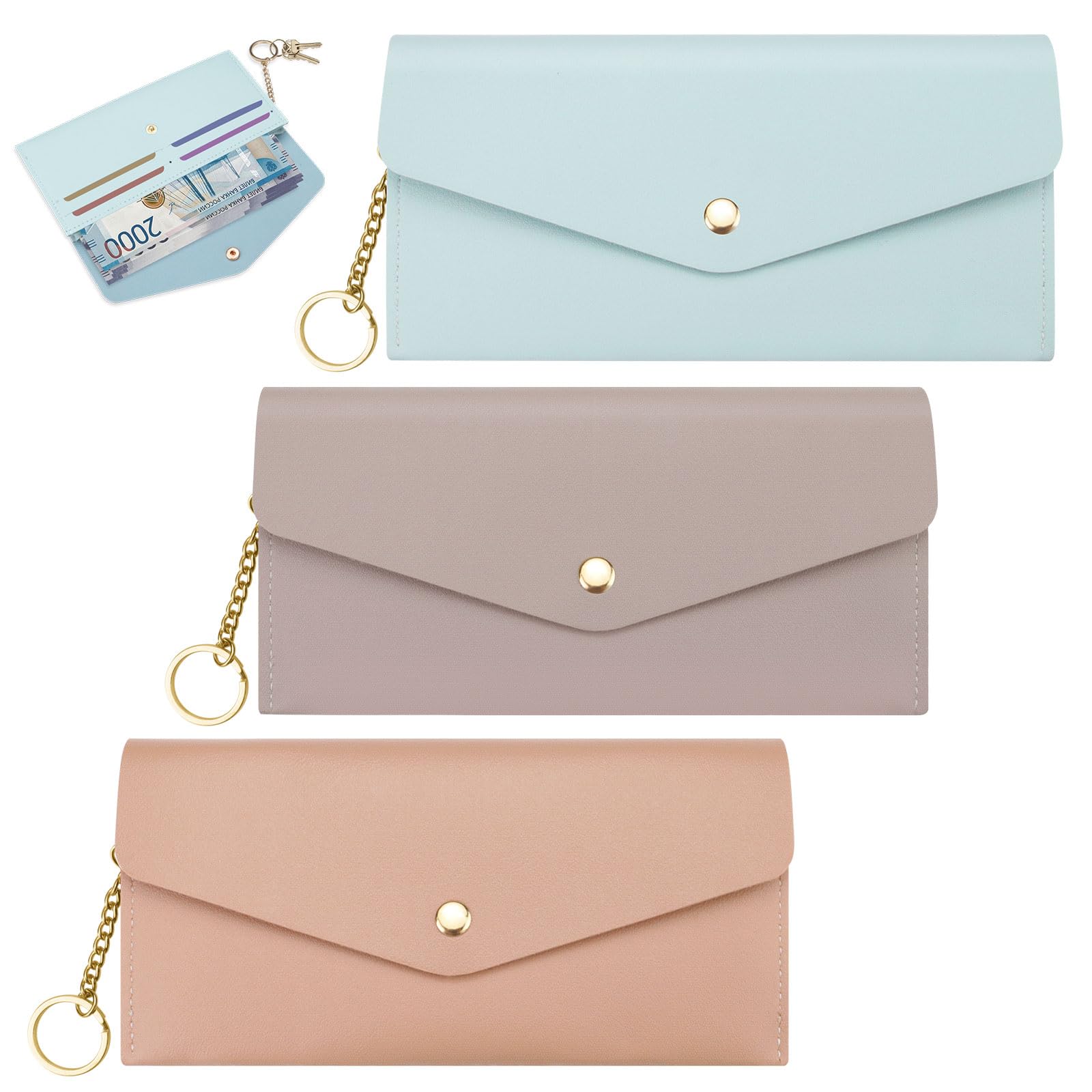 Diakey 3 PCS Cash Wallet, 2-Tier Reusable Cash Envelope Wallet with 4 Credit Card Slots for Men Women, Leather Money Bag Pouch Organizer for Check Billing, Blue Pink Purple