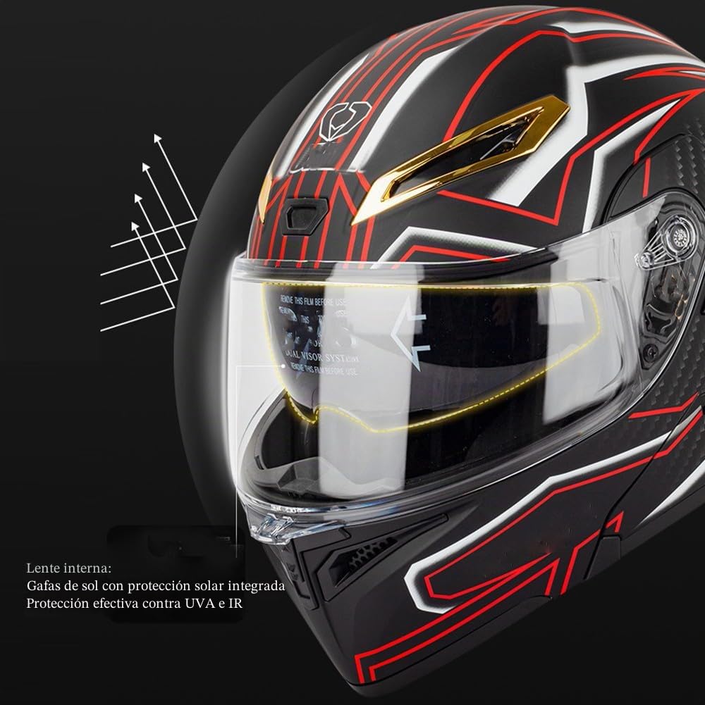 Modular Bluetooth Integrado Casco Moto, Casco Abatible con Doble Visera, ECE Homologado, Negro/Rojo