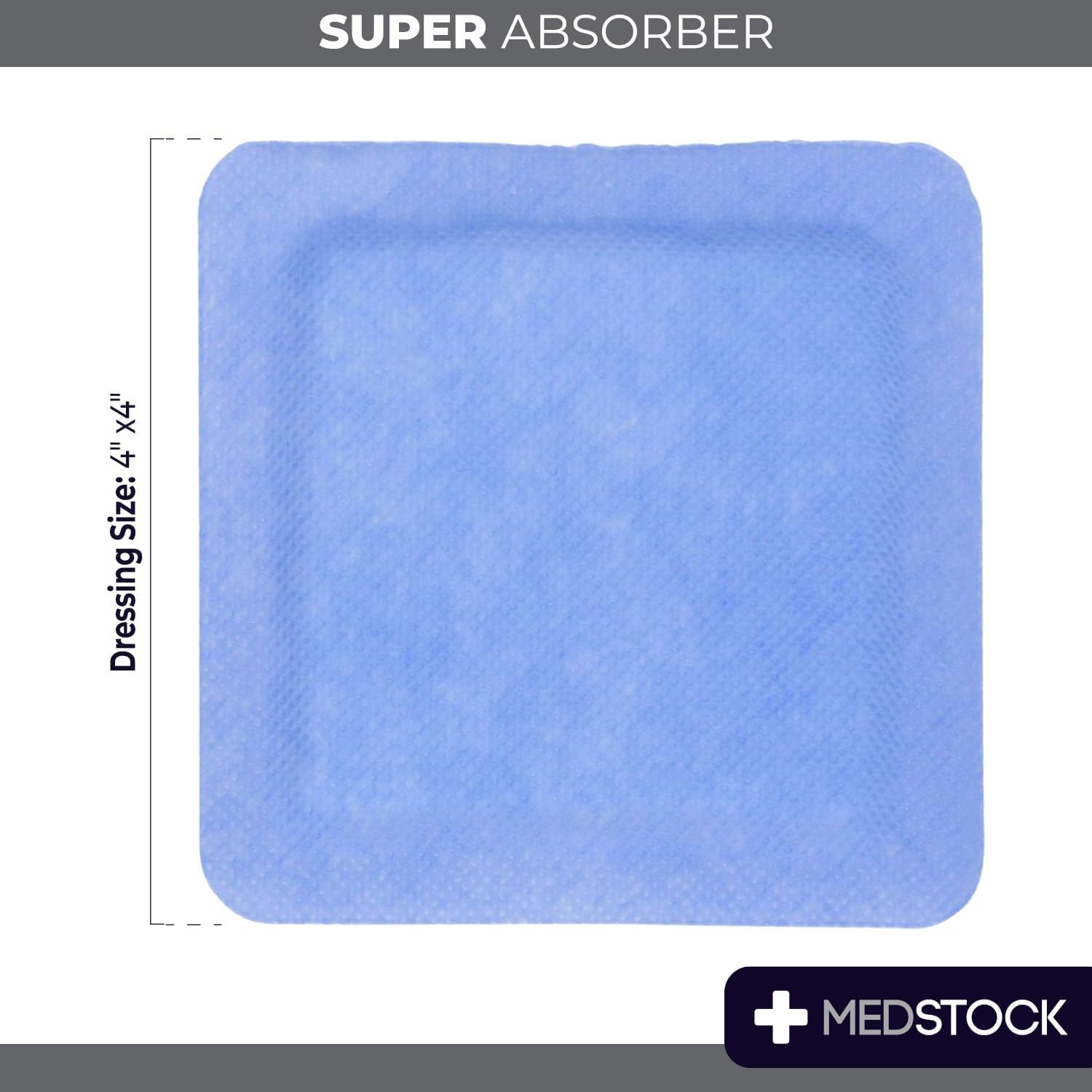 MEDSTOCK Super Absorber Dressing, 4"x4" (Pack of 10), Wound Care, Ultimate Absorption, Holds Extra Volumes of Exudate, Less Frequent Dressing Changes, Reduces Damage Risk & Maceration
