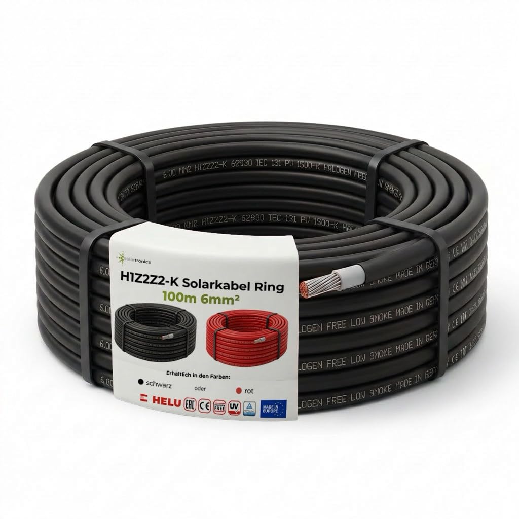 SOLARTRONICS Cable solar de 6 mm², 100 m, negro, cable de extensión solar, H1Z2Z2-K PV para sistema solar, fabricado en la UE