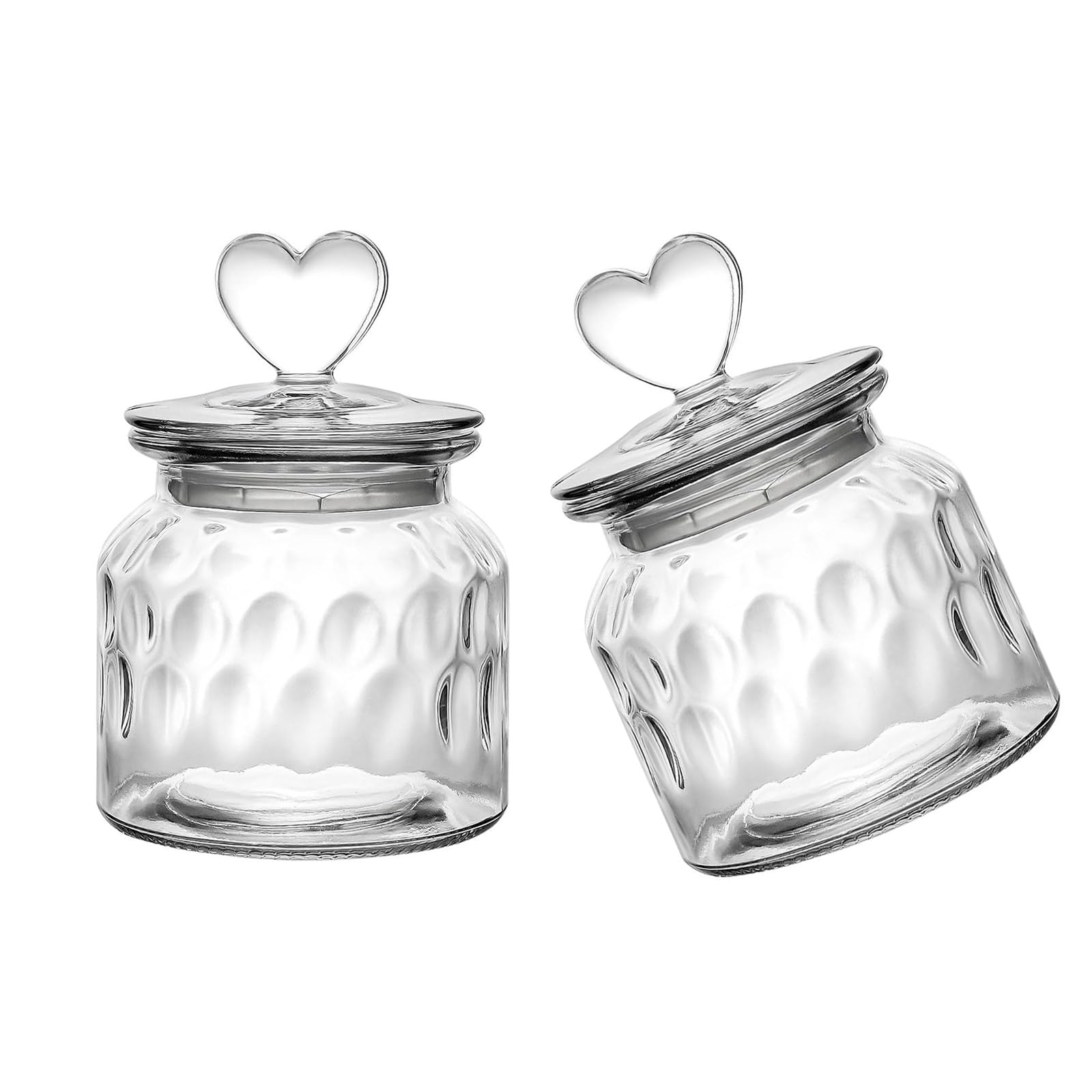 MALSSE 2pc Ribbed Front Glassy Canisters with Heart Lid 650ml Capacity Sugar Cookie Storage Visible Content Kitchens Countertops Heart Shape Lid Glassy Storage Jar