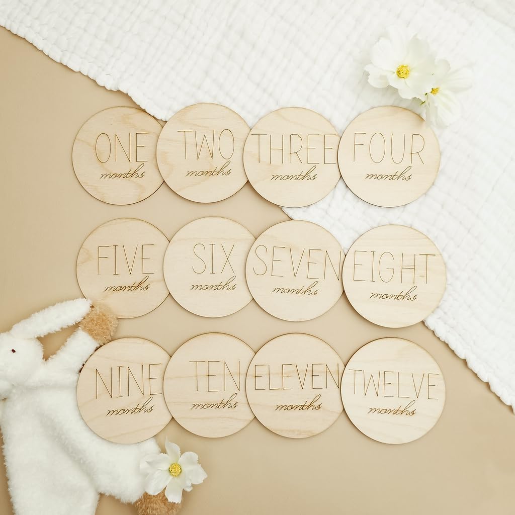 Monthly Baby Milestone Wooden Circles, Pack of 1 Sets of 13 Baby Photoshoot Props for Monthly Pregnancy/Baby, by Woodpeckers