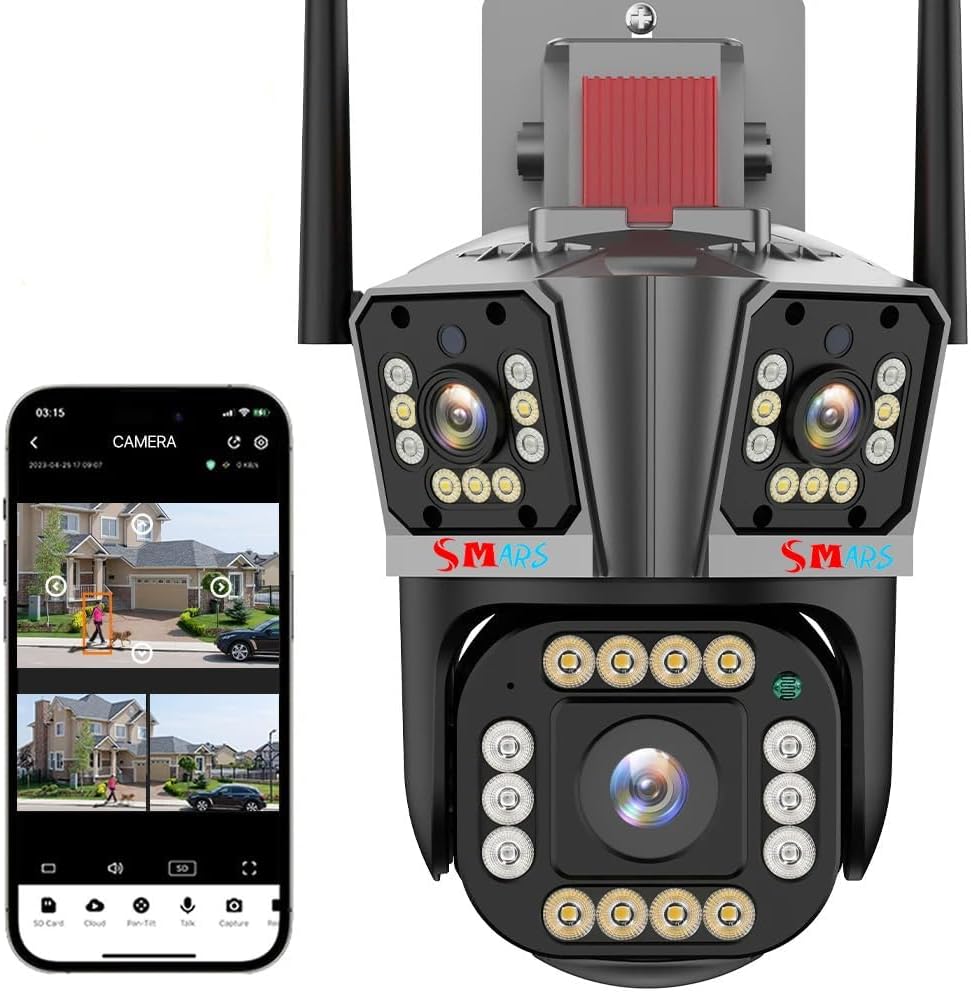 smars Tripple Lens 5MP WiFi IP PTZ Camera | 5K Full HD Color Night Vision Outdoor Wireless CCTV Security Camera with AI Auto Tracking Live Monitoring Feature