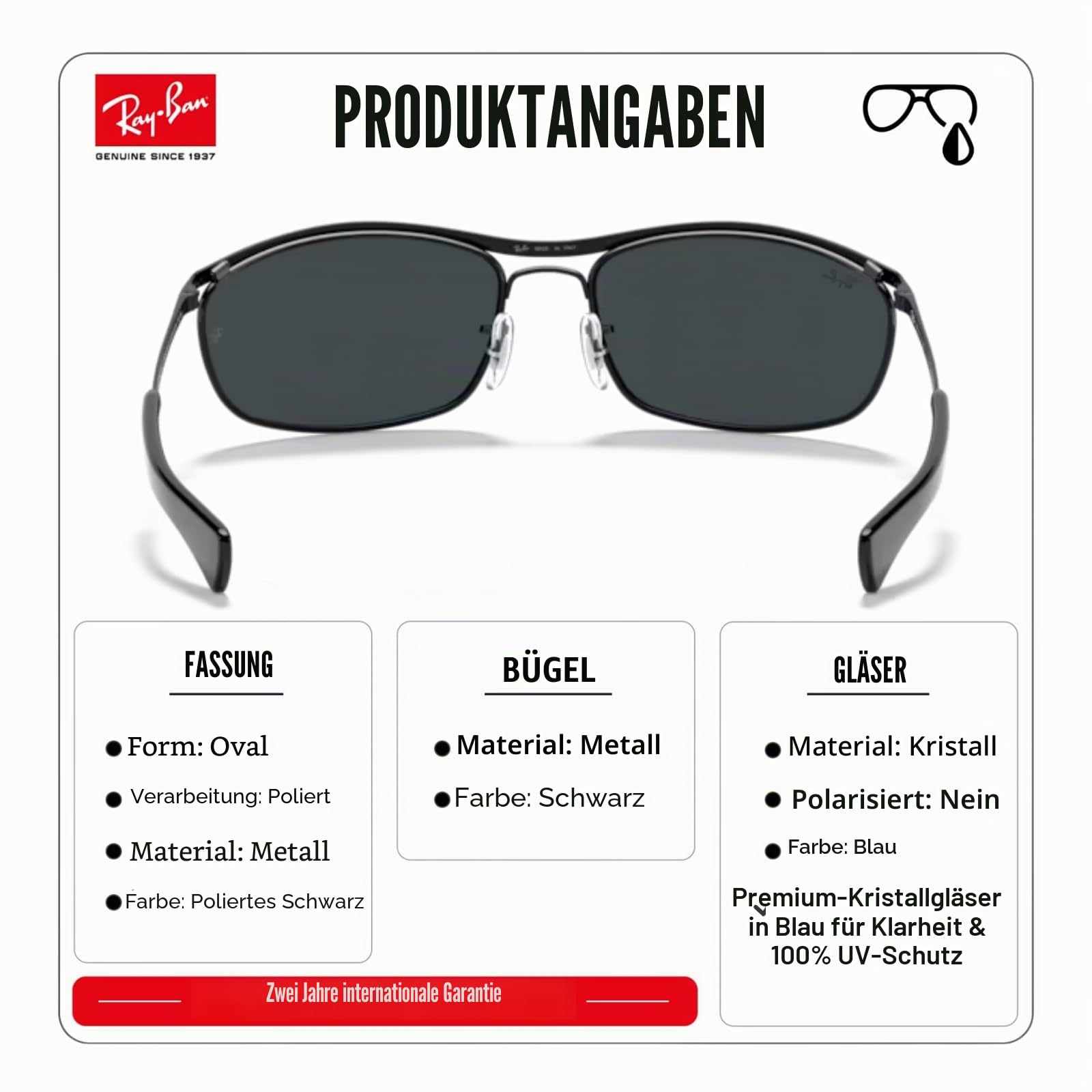 Ray-Ban RB3119M Olympian Deluxe SONNENBRILLEN-SET | Exklusiv-Etui und Care-Kit | Black/Dark Bluegrey