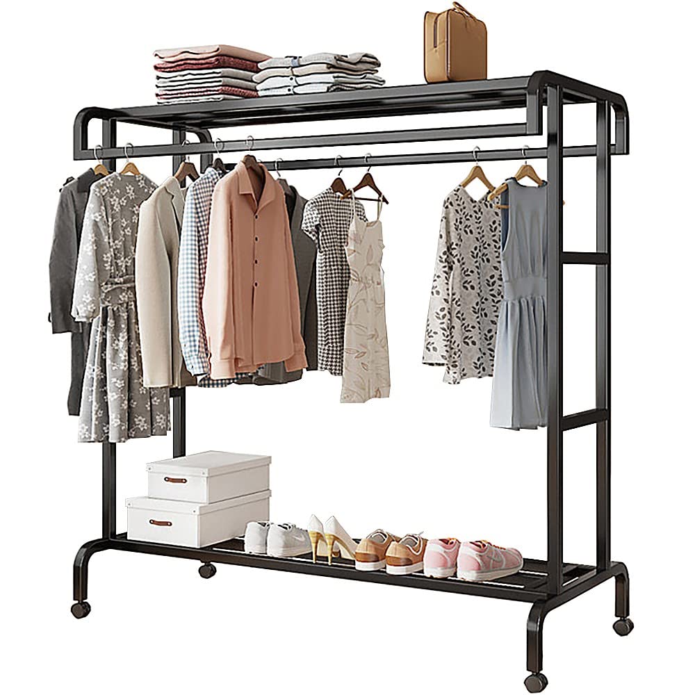XDLEDMKIZ Minimalist Metal Freestanding Clothes Rack with Wheels Double Rail Garment Rack for Hanging Clothes and Shoes