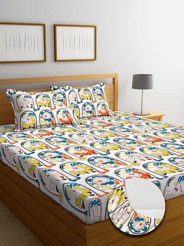 NEW LEAF Premium Cotton Flat Double Bedsheets with 2 King Size Pillow Covers | Double Bed Breathable | Wrinklefree | Ultrasoft 220 tc Supersoft Floral | 90×90 Inches, White Black