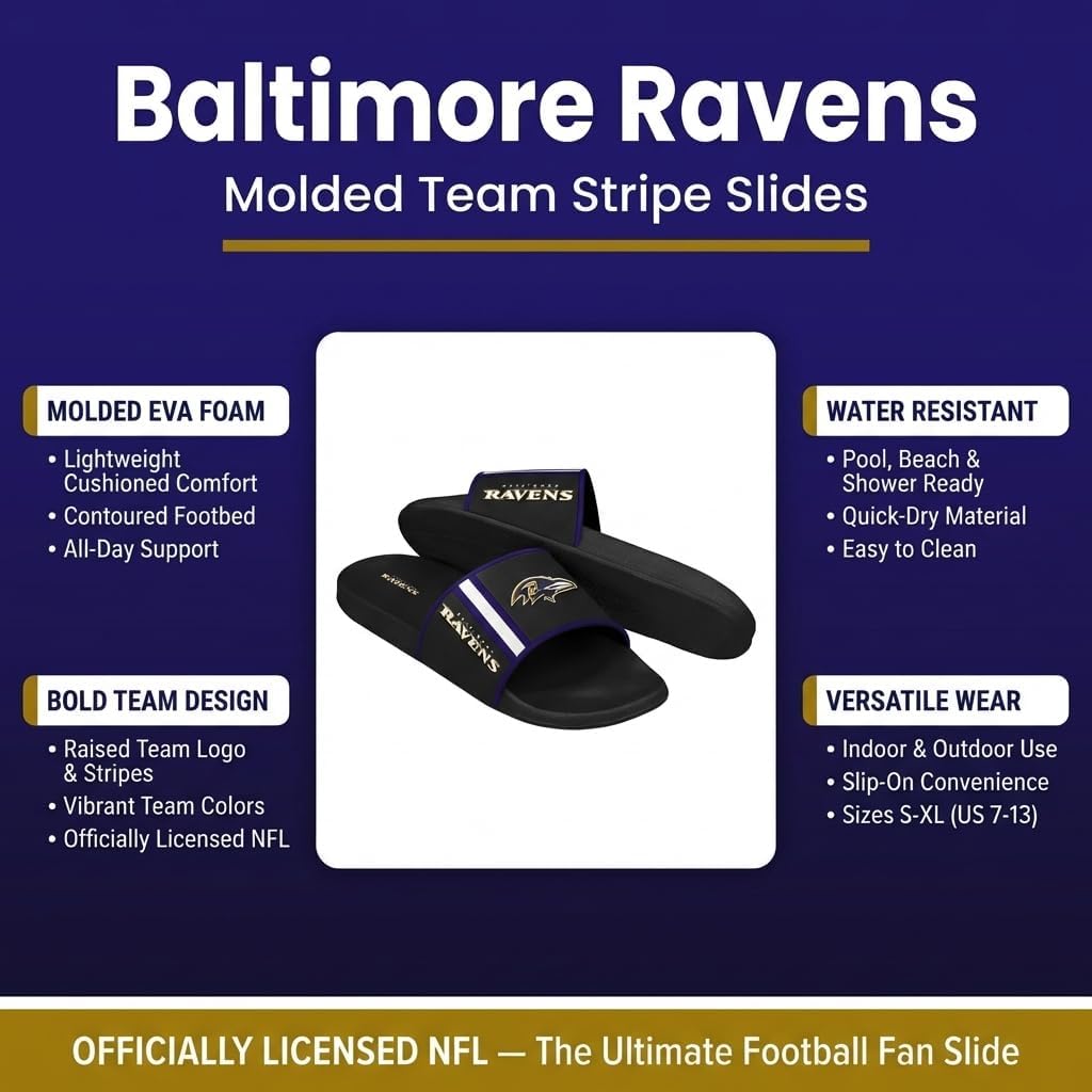 FOCO Baltimore Ravens X-Large Slides for Men NFL Molded EVA Foam Sandals | Water Resistant, Officially Licensed