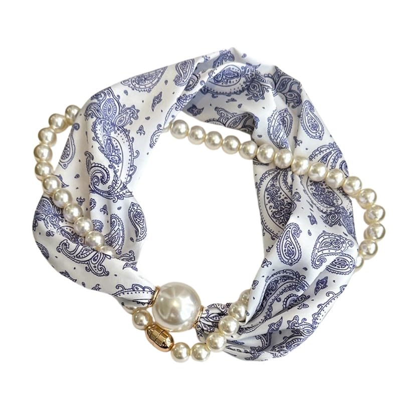 ftk Women's Pearl Necklace Scarf | Magnetic Clasp Silk Long Strip Neck Wrap-picture-5