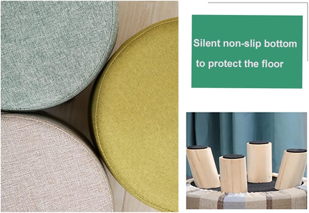 Wooden Round Pouf Linen Upholstered Footrest with 4 Legs Small Yellow Pouf for Living Room and Bedroom Furniture Perfect for Shoes and Relaxation