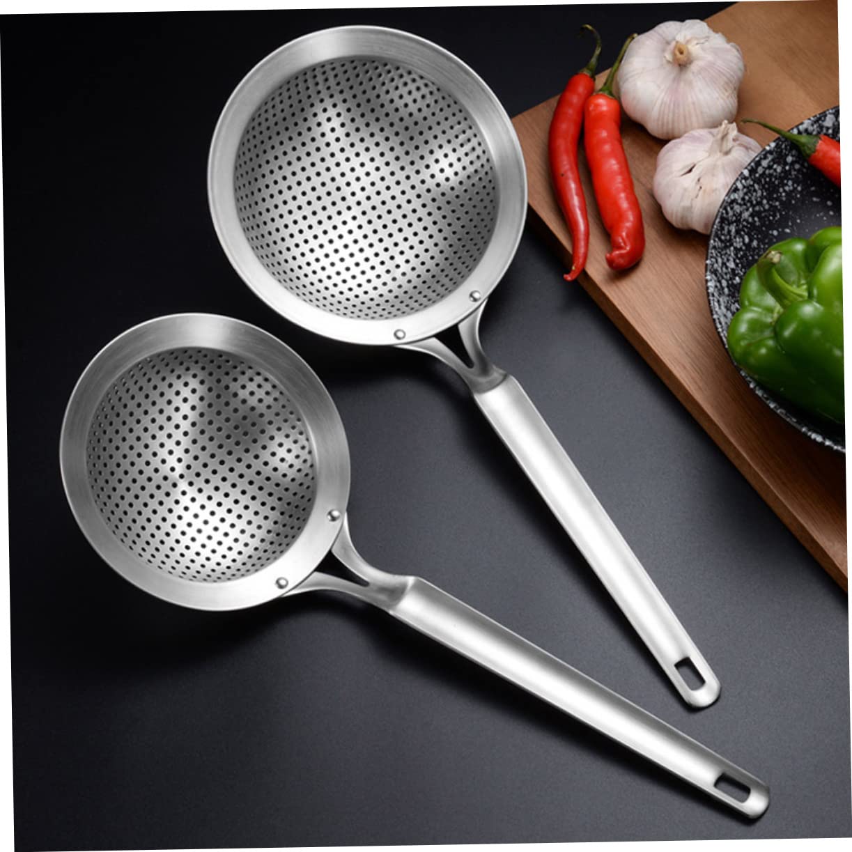 Juego de 2 coladores de cocina de acero inoxidable - Juego de colador de comida de cocina asiática y cesta para cocinar al vapor con colador de cuchara - Filtro de metal duradero para cocinar y freír