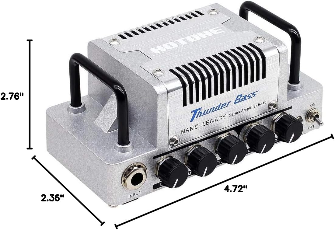 Hotone Thunder Bass amplifier with dimensions labeled