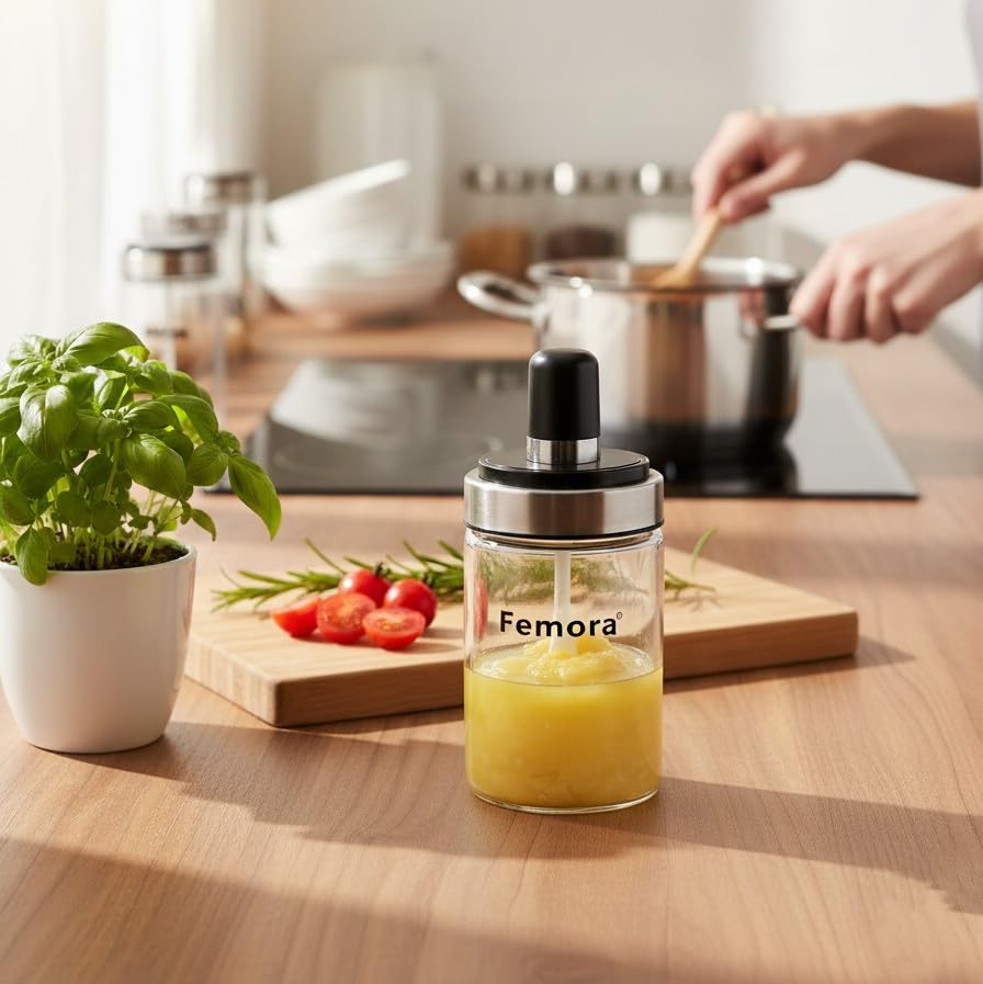 Femora Borosilicate Glass Spoon Jar, Chutney Jar, Pickle Jar for Dinning Table, 250ML, Pack of 1