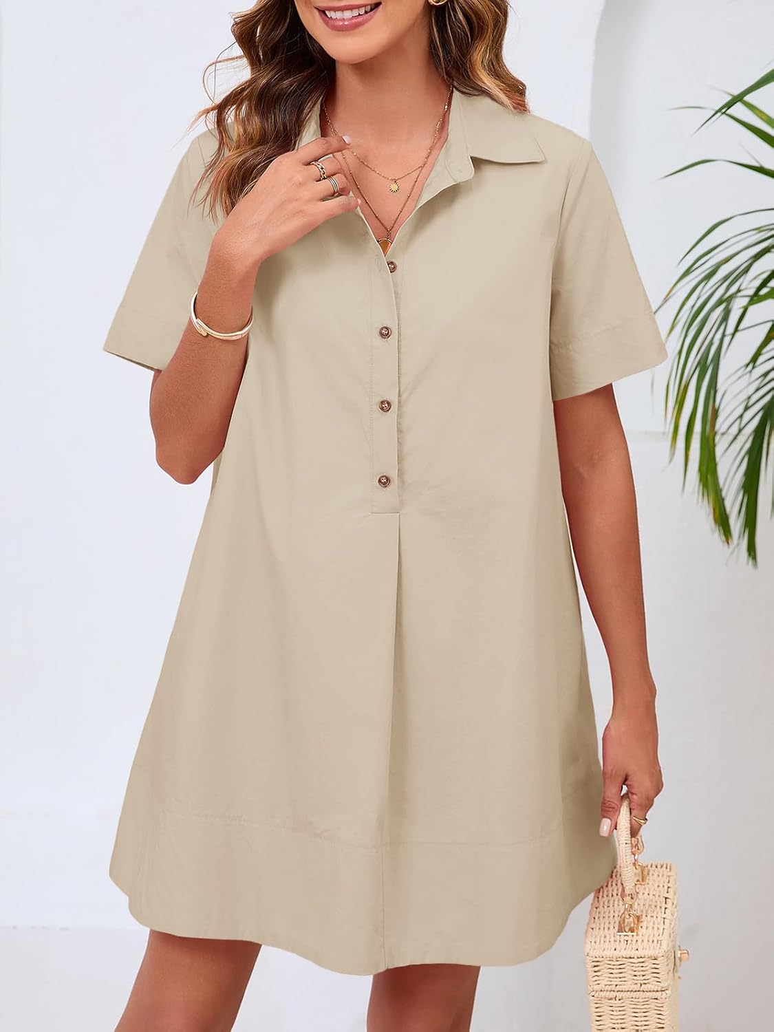 Wenrine Womens Oversized Shirt Button Mini Dress Short Sleeve Casual Collared V Neck Summer Flowy Dresses - Image 3