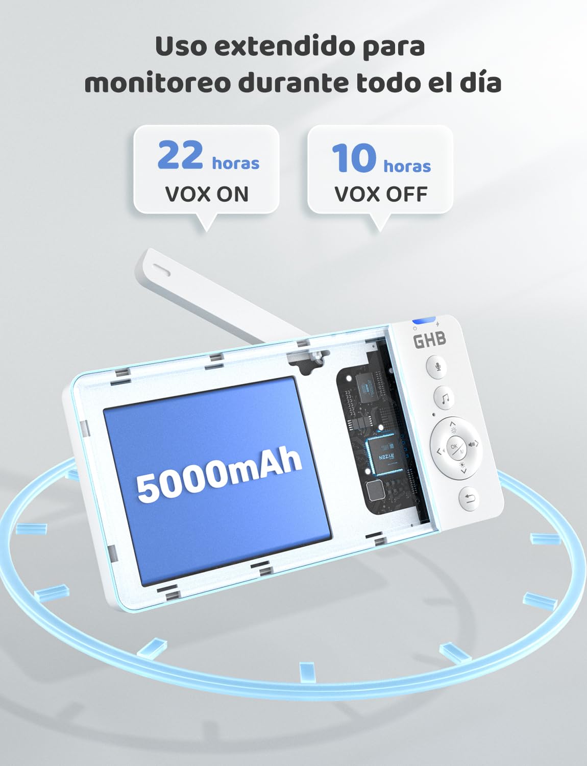 GHB Camara Vigilancia Bebe 5" 720P HD Vigilabebes con Camara con Pantalla IPS de 5000mAh, Visión Nocturna, Comunicación Bidirecciona, Escucha Bebes, Modo de Ahorro de Energía, Zoom 4X