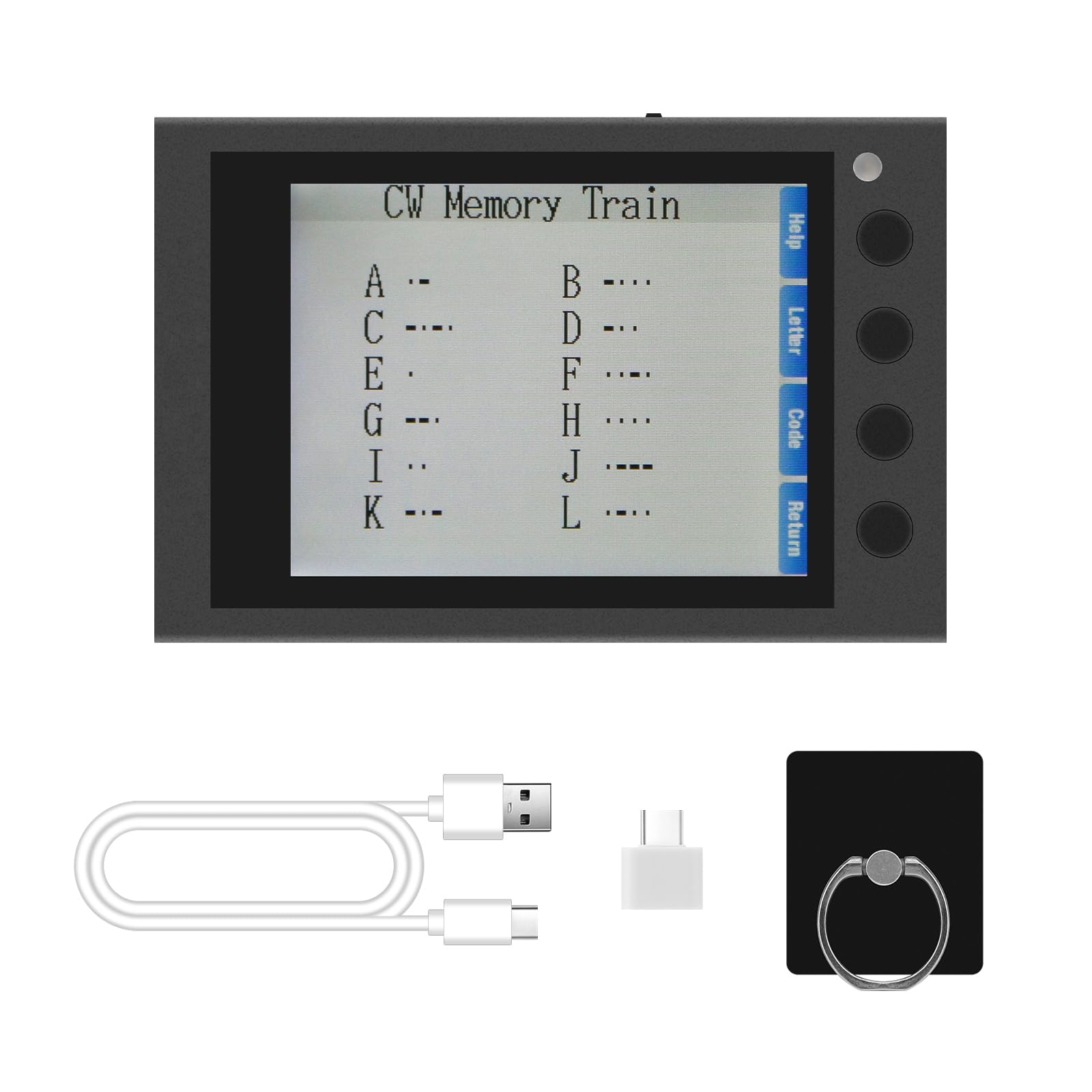 Image showing how to power on the HAMCUBE Mini CW Trainer by pressing and holding the side switch for 3-5 seconds.