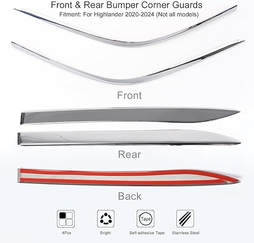 Miniatura 2 de Protectores de esquina de parachoques deportivos cromados para Toyota Highlander 2020-2023, moldura de parachoques delantero y trasero de acero