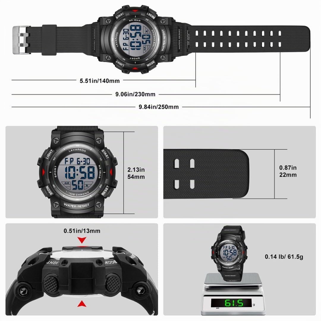 Timever Orologio Digitale Uomo 5 ATM, Silicone, Sveglia e Cronometro | Cinturino in silicone, sveglia, cronometro, data e luce; modello sportivo da uomo resistente all’acqua fino a 5 ATM.