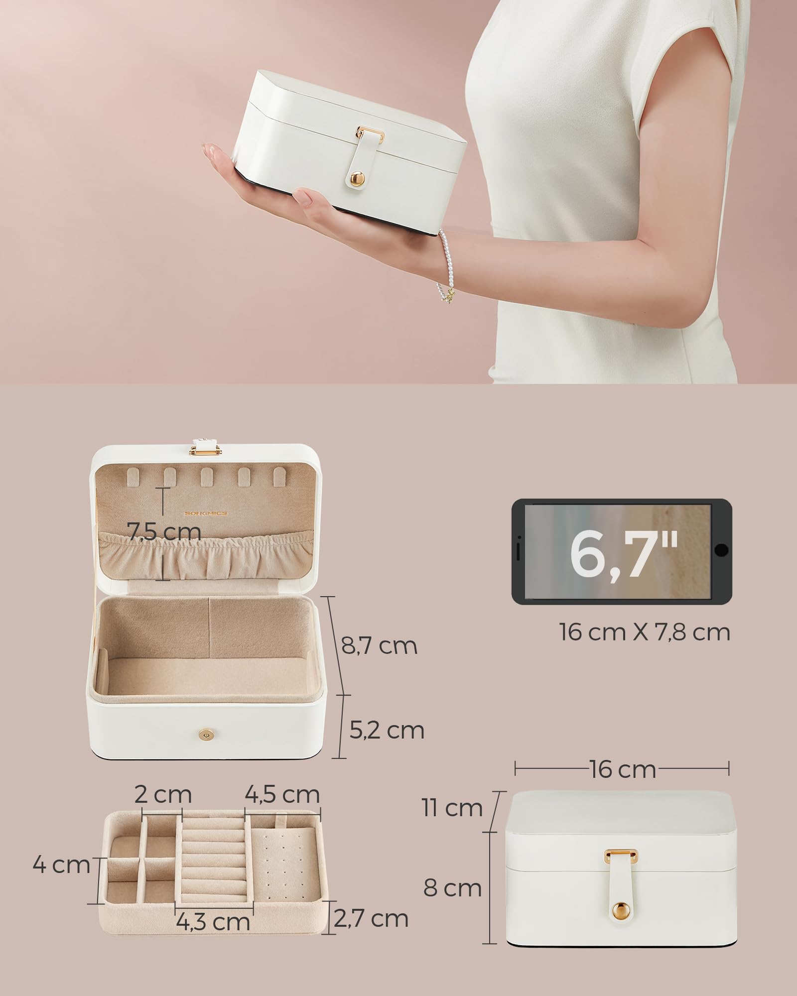 SONGMICS Scatola Portagioie da Viaggio, Piccolo Porta Gioielli, 2 Livelli, Portagioielli Portatile, per Accessori Grandi, 11 x 16 x 8 cm, Idea Regalo, Bianco Nuvola JBC166W01