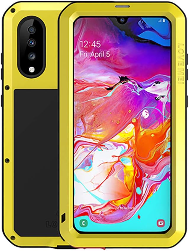 LOVE MEI IP68 Waterproof Case for Samsung Galaxy A70 (6.7-inch), Full Body Outdoor Shockproof Heavy Duty Hybrid Aluminum Metal Snowproof Cover with Tempered Glass, Support Wireless Charging (Yellow)