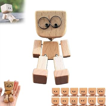 Shaking Wooden Man,Cute Shaking Feet Wooden Man Doll with 12PCS Magnetic Expressions,Funny Little Wood Mans Fun Car Dashboard Decorations Desktop Ornaments Gifts for Car Office 1Pcs-
