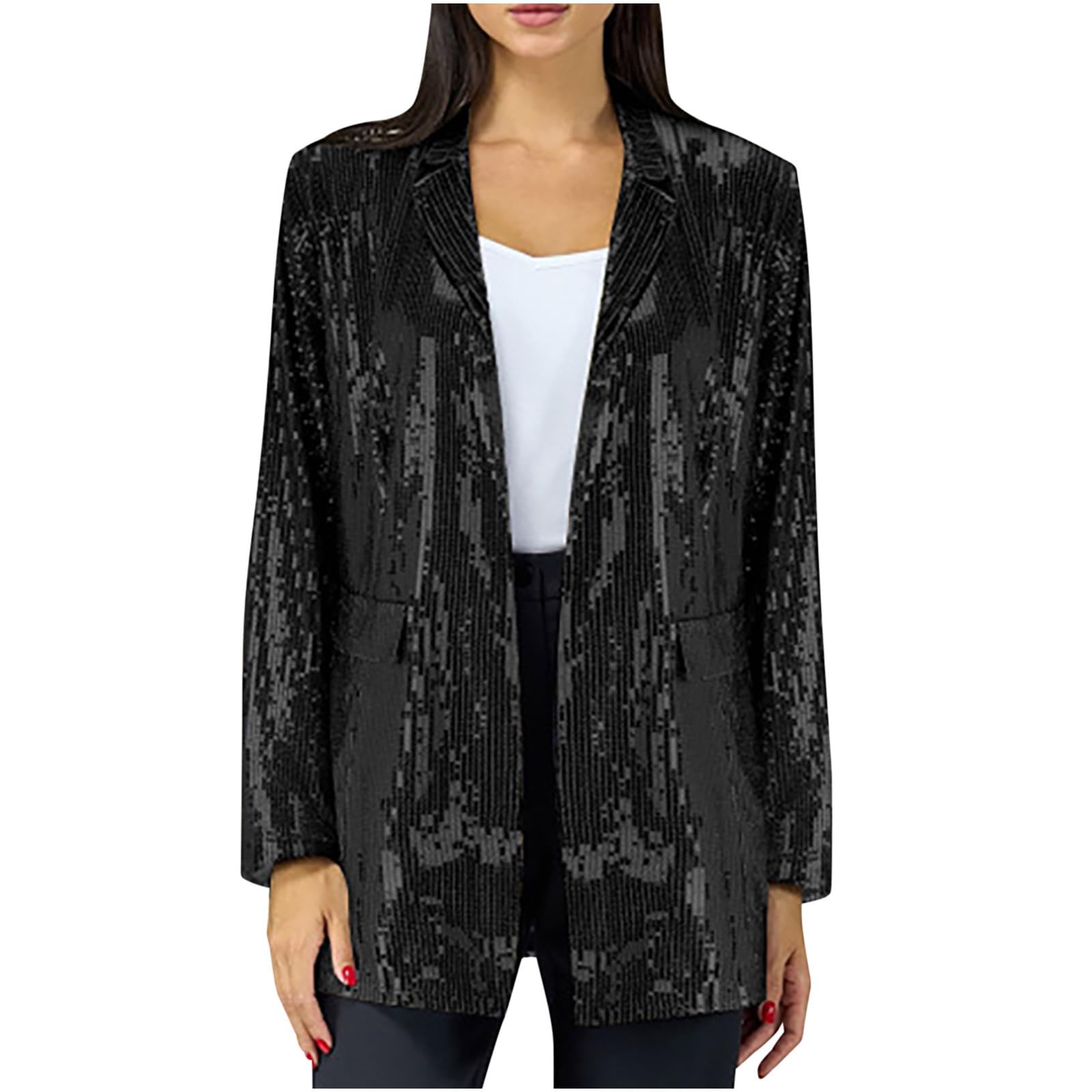 Womens Sequin Jackets Open Front Blazer Jacket Casual Long Sleeve Sparkly Cardigan Coat with Pocket 2024 Fashion