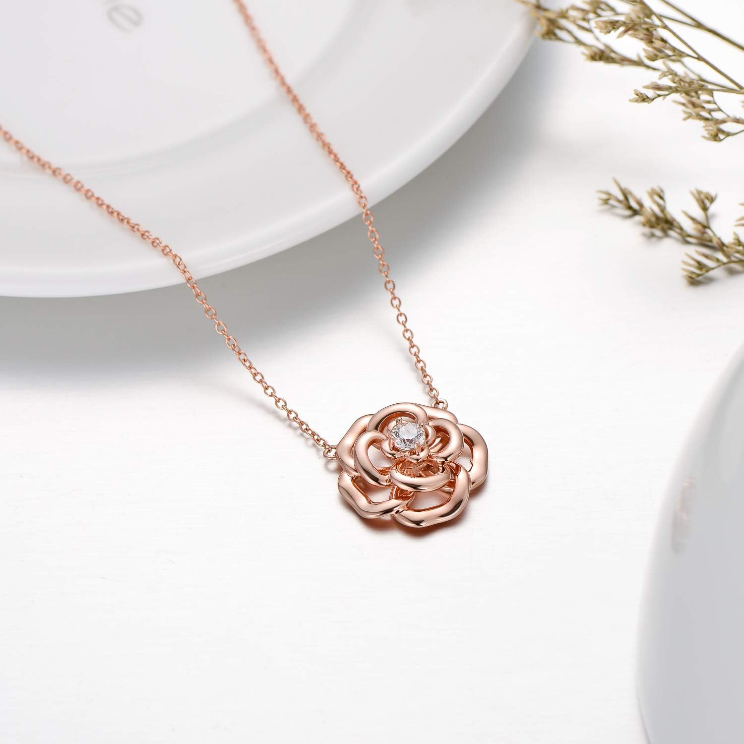 AOBOCO Sterling Silver Heart Rose Flower Necklace Embellished with Crystals from Austria, Fine Anniversary Birthday Rose Flower Jewelry Gifts for Women - Image 4