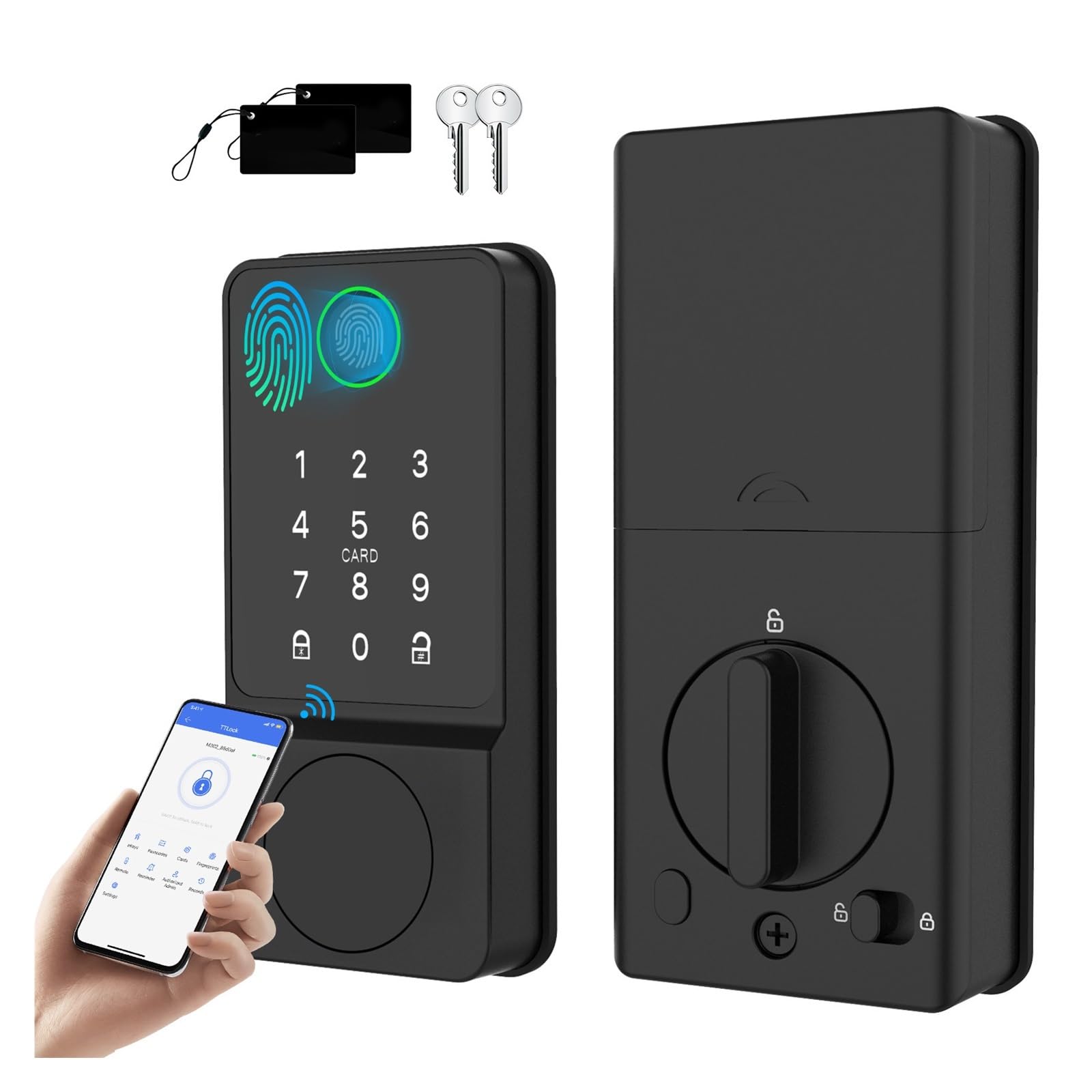 JVDDI Smart Door Handle, Keyless Entry Deadbolt Door Lock Smart Locks for Front Fingerprint & Keypad Code & Card & Keys