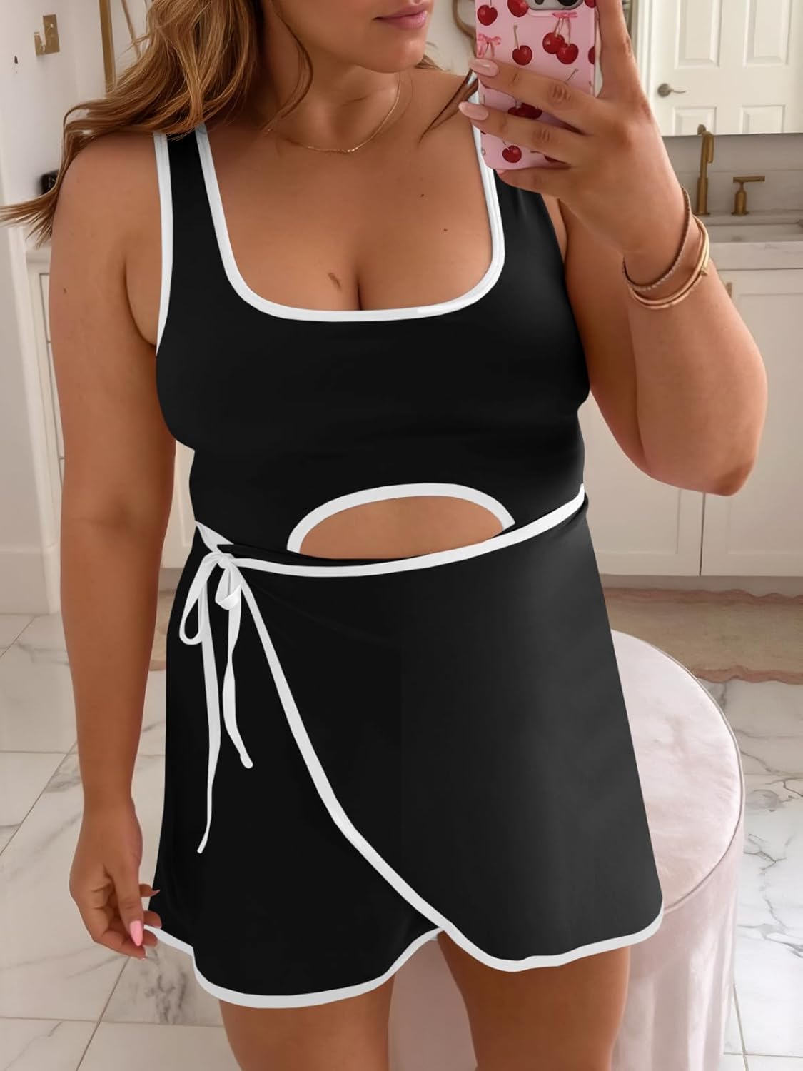 Fisoew Womens Workout Tennis Dress with Built in Shorts and Bra Sleeveless Cutout Wrap Tie Waist Golf Athletic Romper