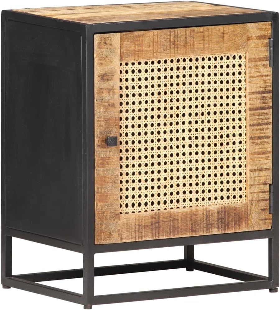 vidaXL Rough Mango Wood Bedside Cabinet – Hand-Woven Natural Cane Nightstand/Side Table, Iron Frame, 15.7"x11.8"x19.7", Bohemian, Rustic Brown