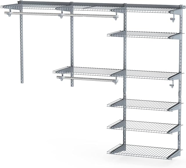Multigot Adjustable Wardrobe Organiser, Wall-Mounted Metal Garment Rail Rack, Hanging Clothes Storage Shelf System for Bedroom Living Room (Grey, 3 Hanging Rods + 8 Shelves)