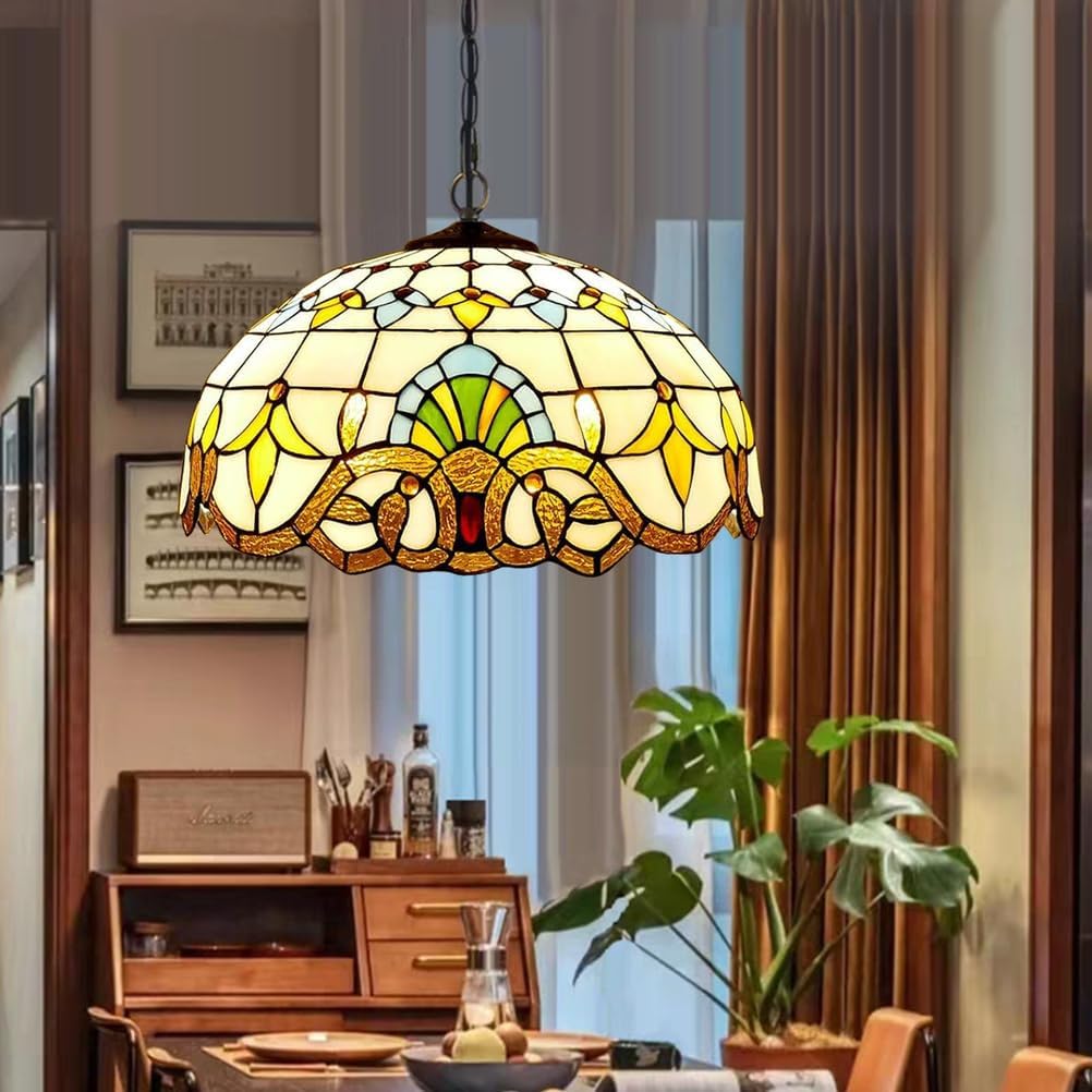 Large Tiffany Lamp Shade Replacement Only Baroque Style Stained Glass Lampshades, W16H9 Inch Glass Light Cover for Table Lamps Pendant Lamps Floor Lights,Beige