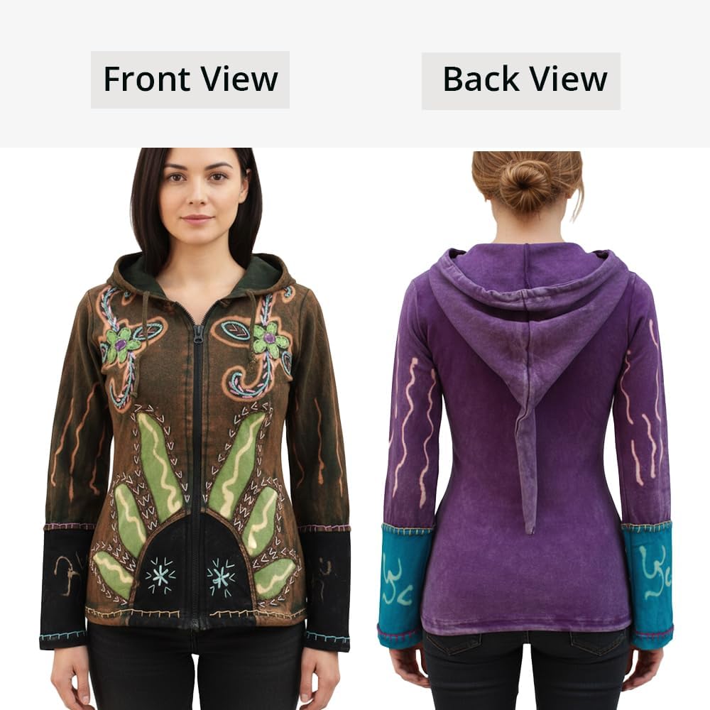 Shopoholic Fashion Women Sun Flames Floral Hippie Goth Zip Up Hooded Winter Jacket - Image 4